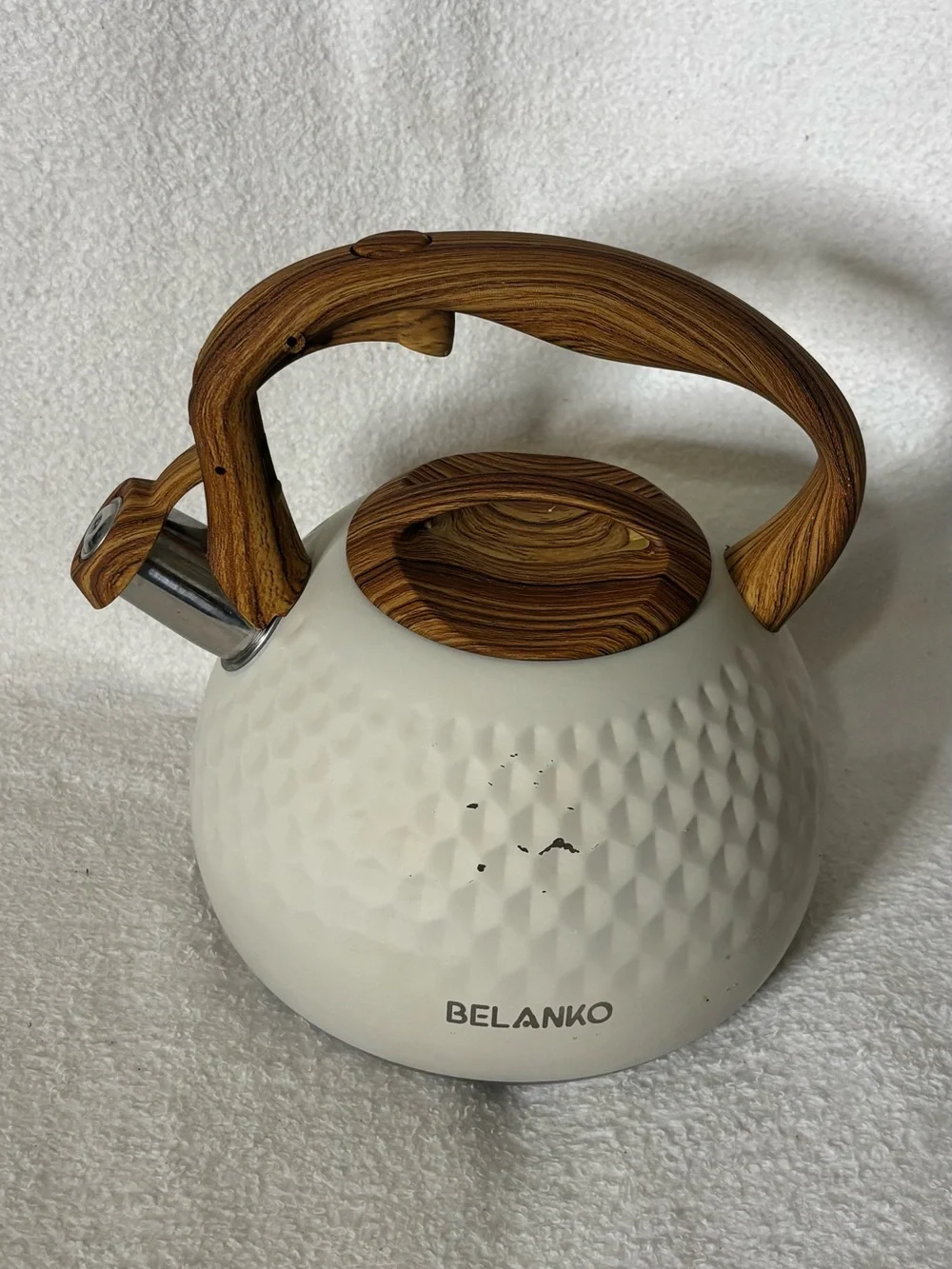 Belanko White & Wood-Accent Whistling Tea Kettle stainless steel see details
